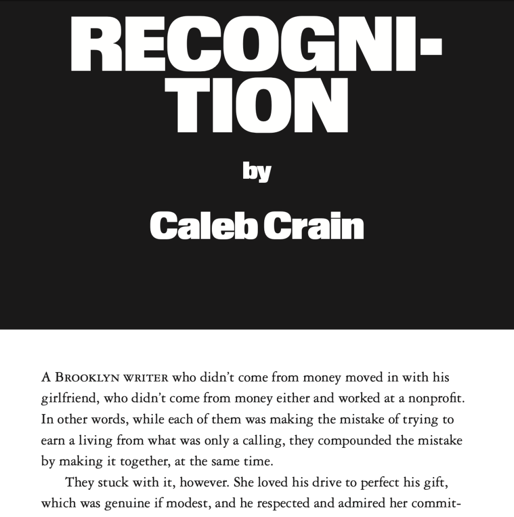 Screengrab of the opening pages of a short story titled "Recognition"